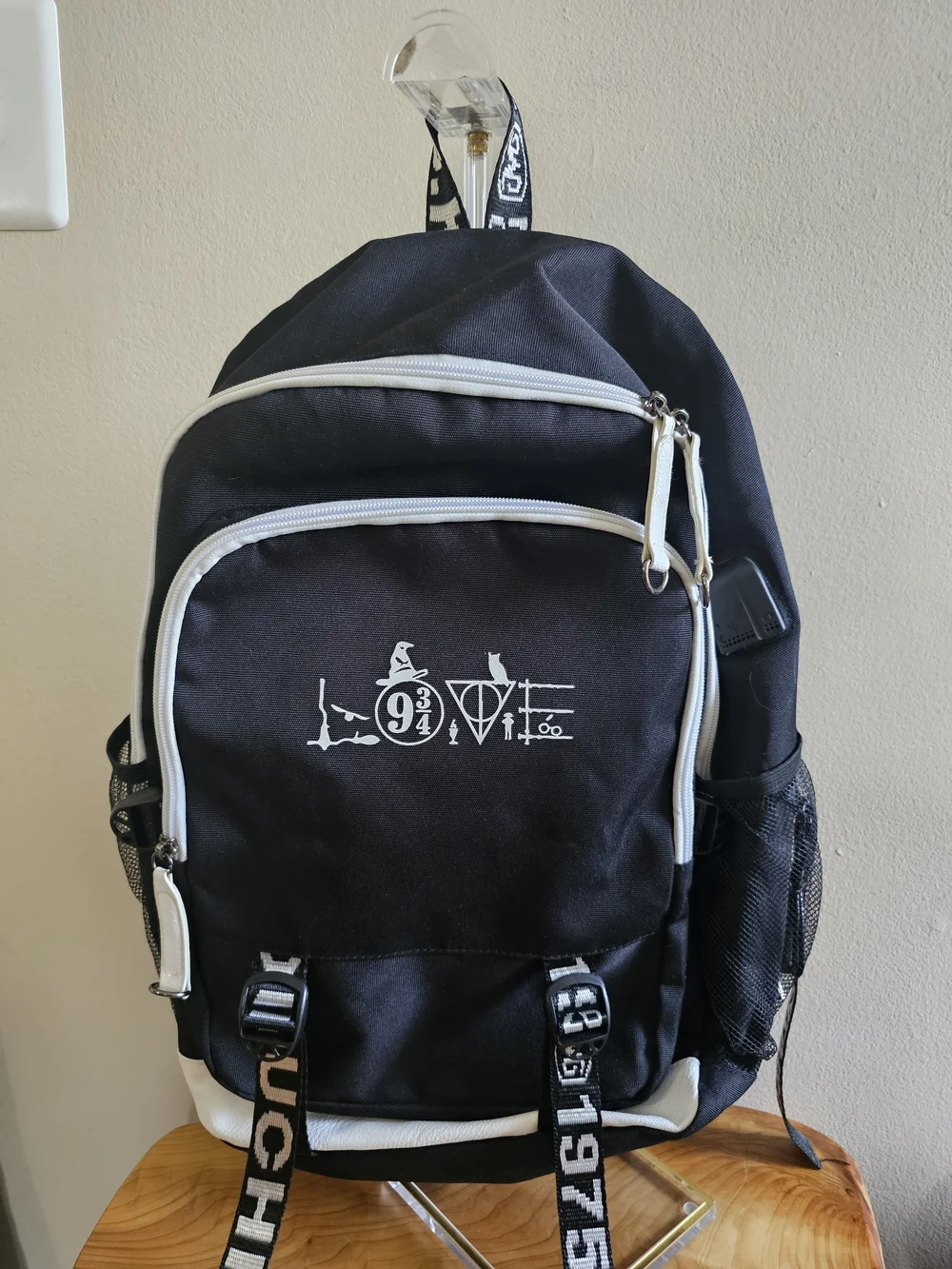 Harry Potter Inspired Black Graphic Zip Front Backpack with White Trim
